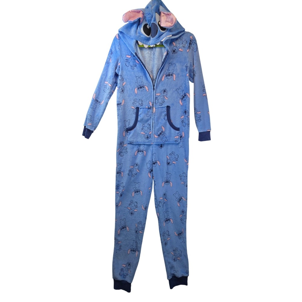 Disney Stitch One Piece Pajamas Sleepwear Hooded Zip Up Adult XS Plush Lounge